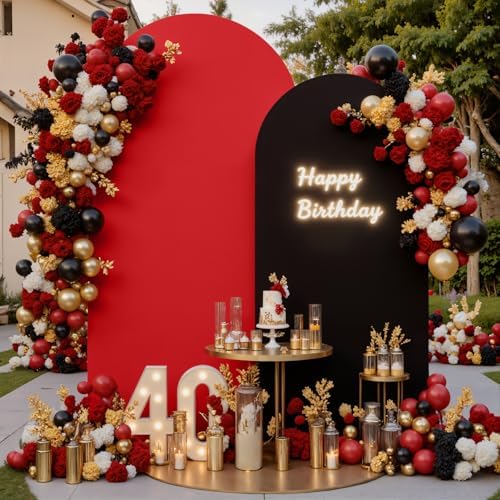 Black Red Photo Arch Backdrop Cover Set of 2 Spandex 7.2 and 6ft Arch Covers Stretchy Backdrop Birthday Party Arch Stand Covers for Baby Shower Wedding Retirement Banquet Background Decorations - Image 2