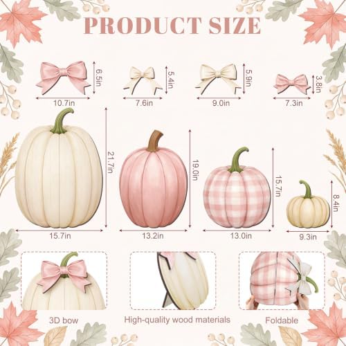 Yalikop Set of 4 Fall Pink Pumpkin Front Porch Decoration with Cute Bow - Image 2