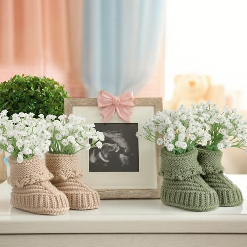 3 Set Baby Shower Booties Table Centerpiece Knitted Booties with Flowers - Image 3