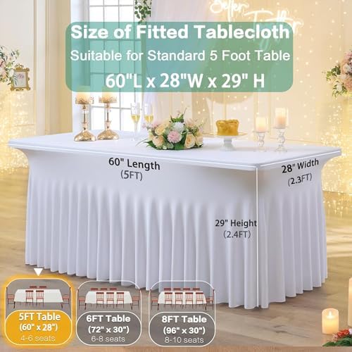4 Pack White Spandex Tablecloth for 5 Foot Rectangle Tables, Wrinkle Free Fitted Table Clothes Cover 5ft Stretchy Tablecloths with Skirt for Parties Weddings Birthday Banquet Baby Shower - Image 5