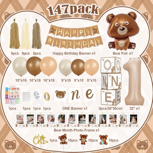 Beary First Birthday Decorations for Boy, 147PCS 1st Party Supplies Balloon - Image 2