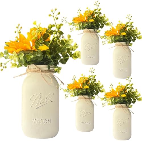 Sunflower Centerpieces for Tables | Set of 5 Table Centerpieces | Quart 32 oz Rustic Mason Jars, 10" Overall Height | Rustic Mason Jar Centerpieces with Sunflowers (Ivory - with Flowers Sunflowers) - Image 4