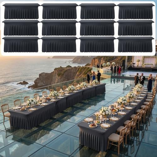 12 pk Black Spandex Tablecloth 8ft with Ruffled Skirt,Wrinkle Free High Stretch Fitted Tablecloths for 8 Foot Rectangle Tables,Pleated Elastic Spandex Table Covers 8ft for Parties Wedding Banquet by ENJOYYOURPARTY