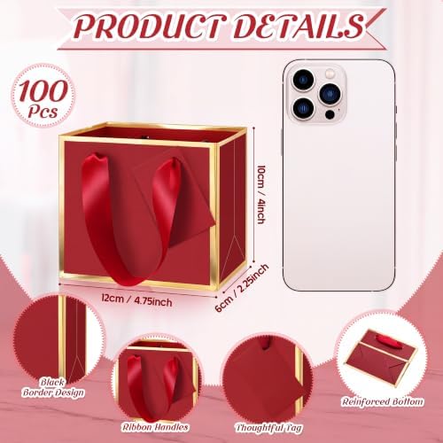 Yeaqee 100 Pcs Mini Metallic Paper Gift Bags with Handle, Burgundy Red, Gold - Image 2