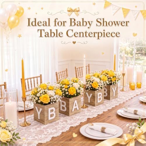 4 Sets Baby Shower Centerpieces for Table, 6 Inch Wood Boxes with Floral Foam Blocks Cube Planter Vase with Baby Letters for Babys Shower Gender Reveal Party Favor Table Decor(White) - Image 3