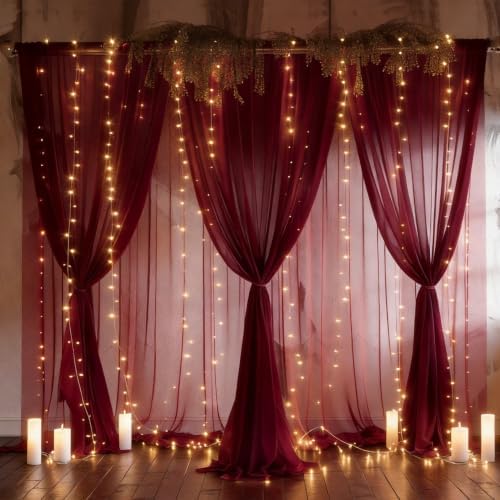 Shillance 30ft x 10ft Burgundy Backdrop Curtain with Lights String for Parties, Sheer Tulle Wedding Photo Backdrops Drapes for Baby Shower Birthday Party Decorations Background for Photography - Image 2