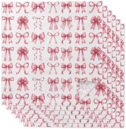 Pink Ribbon Bow Cloth Napkins Set of 6, Fantasy Sweet Bows Abstract Modern Art Washable Reusable Dinner Cocktail Napkin for Kitchen Party Wedding Banquet Holiday Baby Shower Table Decor by PIEPLE