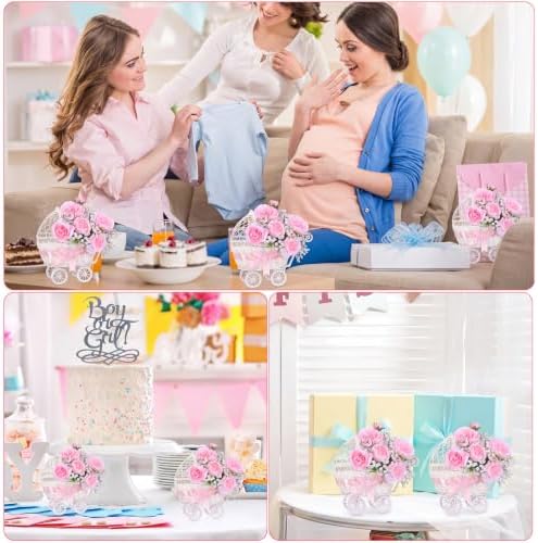 3 Pack Baby Shower Table Centerpiece, Pink Rattan-Style Carriage Baskets with Faux Ranunculus and Baby's Breath for Girl Gender Reveal Bridal Wedding Party Tables - Image 6