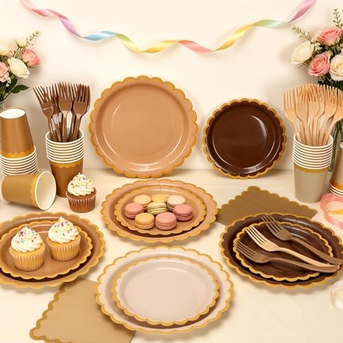 Brown Plates and Napkins Party Supplies for 48 Guests, Disposable 7&9’’ Gradient Brown Scalloped Paper Plates Tableware Set for Birthday Party, Wedding, Baby Shower Decorations - Image 3
