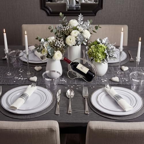 WDF Partyware 350Piece Silver Plastic Dinnerware Set for 50 Guests - Silver Plastic Plates with Cutlery Include:50Dinner Plates-50Dessert Plates-50Pre Rolled Napkins with Silverware Party Wedding - Image 4