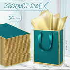 Yeaqee 50 Pcs Metallic Paepr Gift Bags Bulk with Handles,Turquoise Gold - Image 2