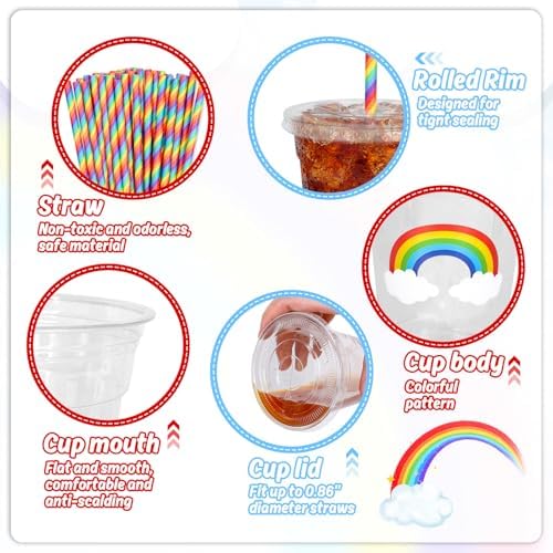 Whaline 50 Pcs 12 Oz Pastel Rainbow Disposable Plastic Cups with Lids and Straws Colorful Cold Beverage Drinking Cups for Birthday Baby Shower Party Supplies - Image 3