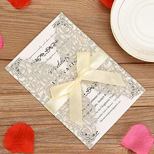 FOMTOR Laser Cut Wedding Invitation Set with Envelopes & Inserts & Seals – Perfect for Weddings, Bridal Showers, Engagements & Anniversary Celebrations - Silver, 25pcs - Image 6