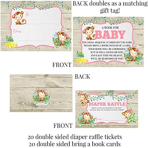 Amanda Creation Watercolor Jungle Monkeys Girl Baby Shower Party Bundle Includes 20 Invitations with Envelopes + 4 Different Sizes of Decorative Stickers, Diaper Tickets & Bring a Book Cards - Image 3