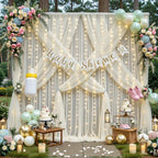 20ft x 10ft Ivory Tulle Photo Backdrop Curtain with Lights String for Parties Wedding Sheer Ivory Curtain Backdrop for Birthday Party Bridal Shower Photo Booth Photography Background Decorations - Image 2