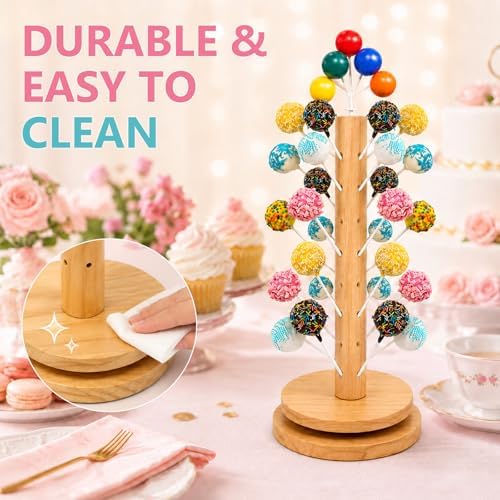 2Pack Wooden Cake Pop Stand Kit with 360° Spinning Base, 49Hole Lollipop Holder with Cake Ball Scoop, 100 Paper Sticks, 100 Clear Treat Bags and 100 Twist Ties, Easy Twist Assembly for Parties - Image 5