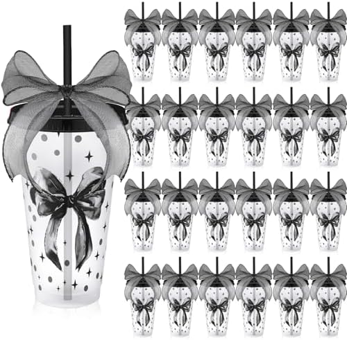 Willinglong 24 Black Bow Cups with Lid Straw Galentines Party Favor 24 oz by Willinglong