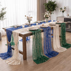 Artoid Mode 6PC Beige Green Blue Gauze Table Runner 120 Inch 10FT, Glitter Metallic Foil Sheer for Wedding Anniversary Holiday Birthday Home Party Decor - Image 3