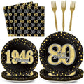 200PCS 80th Theme Birthday Party Tableware Vintage 1946 Party Supplies 80 year old Birthday Party Decorations Plates Napkins Forks Black and Gold Dinnerware Favors for Men or Women by ZOIIWA
