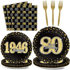 200PCS 80th Theme Birthday Party Tableware Vintage 1946 Party Supplies 80 year old Birthday Party Decorations Plates Napkins Forks Black and Gold Dinnerware Favors for Men or Women by ZOIIWA