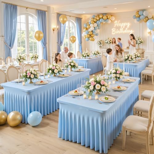 6ft Baby Blue Spandex Table Cloths for Rectangle Tables Wrinkle Free Tablecloth Rectangle Stretch Fitted 6 Foot Table Cover with Skirt for Baby Shower Boy Birthday Party Wedding Banquet Buffet - Image 4