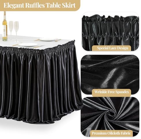 Wish Care 21ft Black Satin Long Table Skirt for Rectangle Tables Wrinkle Free Teacher Desk Skirt Glitter Ruffle Table Skirting Cloth for Back to School Classroom Office Dorm Birthday Party Table Decor - Image 2