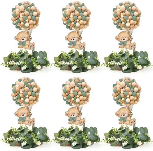 6 Set Baby Shower Bear Table Centerpieces Decortion Sage Green Bear with Eucalyptus Wreath Wood Slices Welcome Baby Table Toppers for Boy Or Girl Gender Reveal Party Favors by EYNDYN