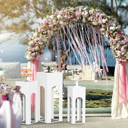 3PCS Square White Pedestal Stands for Party Metal Pedestal Display Stands Dessert Table Decoration Pillars Cake Pedestal Plant Stands for Party Birthday Wedding Props (A) - Image 2