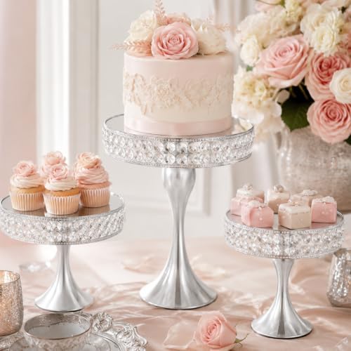3 Pcs Cake Display with Mirror, Wedding Crystal Cake Stands for Reception - Image 6