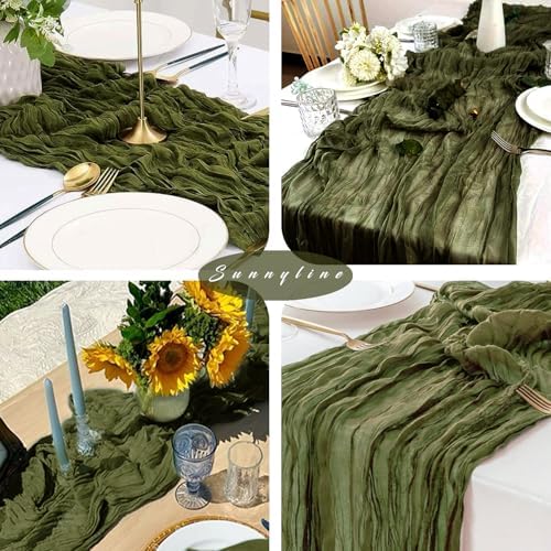 12 Pieces 10FT Olive Green Cheesecloth Table Runner Boho Gauze Fabric Runner for Tables Rustic Sheer Runner for Wedding Bridal Shower Birthday Holiday Party Table Arbor Decor (35 x 120 Inches Long) - Image 6