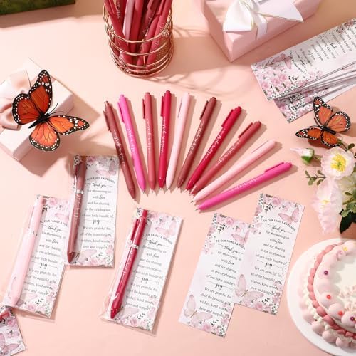 Engrowtic 50 Set Baby Shower Gifts Pens for Guests Bulk Baby Shower Party Favors Retractable Ballpoint Pens with Thank You Cards Gender Reveal Souvenirs Prizes Supplies Return Gifts (Pink Butterfly) - Image 4