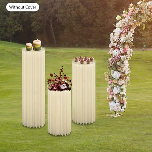 3 Pieces Cylinder Pedestal Stands with Acrylic Disc & Cloth Cover Round Table Centerpiece Cake Pedestal Stand Foldable Paper Columns Pillars Display for Parties Wedding Birthday Decor - Image 3