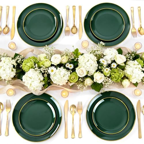 YOUBET 125PCS Green Plastic Plates with Gold Rim for Party Wedding - Image 5