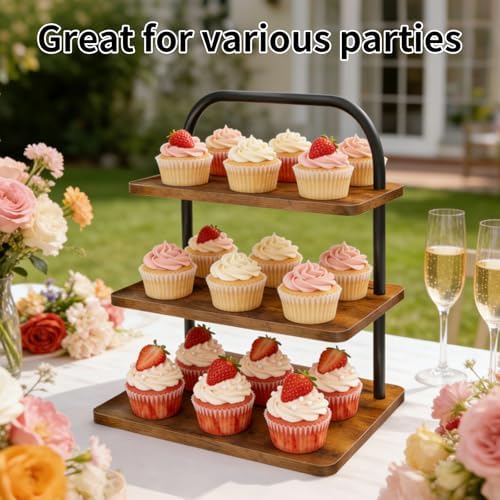 Cupcake Stand for 50 Cupcakes, 2 PACK 3 Tier Wooden Metal Cupcake Stand Reusable Cupcake Display Stand Tiered Tray Stand Dessert Table Display Set Serving Trays for Party Rustic Farmhouse Vendor - Image 2