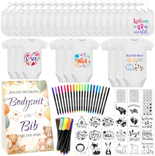 Bibs Bodysuits Baby Shower Game Sign Set Newborn Onesies Feeder Gift Fabric Marker Stencils Kit by Aisharery