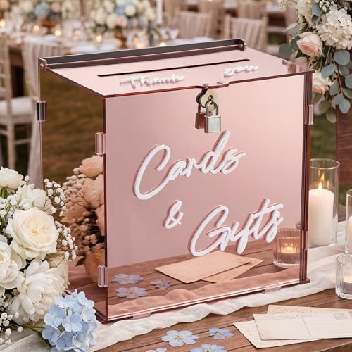 BreezeHug Rose Gold Acrylic Wedding Card Box with Slot and Lock, Money Gift Box with DIY Letters Cards Gifts/Thank You Letters, Baby Shower Graduation Birthday Party (Medium) by Unknown