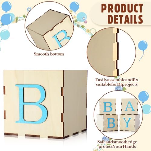 4 Set Baby Shower Centerpieces for Tables, 6 Inch Wooden Baby Letter Blocks with 12 Blue Artificial Peony Flowers, Cube Planter Boxes Gender Reveal Party Table Decor Home Decoration - Image 4