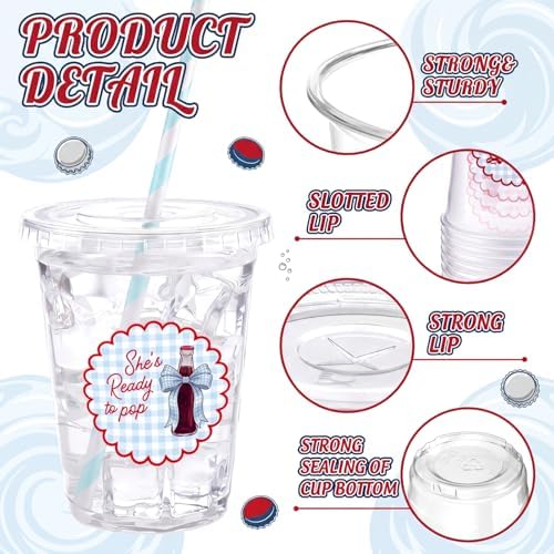 Willinglong 50pcs She's Ready to Pop Baby Shower 12 oz Plastic Cups (Blue) - Image 4