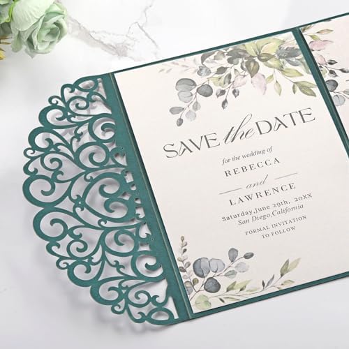 50PCS Green Wedding Invitations, Laser Cut Pocket & Blank Invitation Cards - Image 3