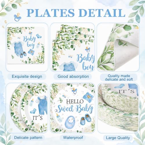 Pickmesh 250 Pcs Blue Boy Baby Shower Disposable Tableware Set Hello Sweet Boy Paper Plates Napkin Cup Cutlery with Sage Decoration for Gender Reveal Birthday Party Supply Baby Shower, Serve 50 Guest - Image 3
