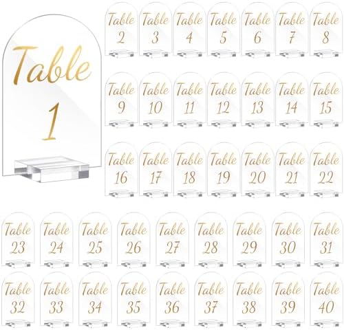 Qunclay 40 Pack 5 x 7 Inch Gold Acrylic Wedding Table Number 1-40 Clear Table Stand with Numbers Calligraphy Number Holders Signs for Wedding Reception Birthday Party Decorations by Qunclay