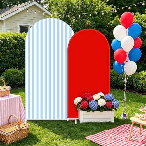FYSUIMU 2 Pcs Blue White Striped Red Solid Arch Backdrop Covers Stretchy Spandex Arch Stand Fabric Cover for Patriotic Baby Shower Birthday Party Decoration (5ft/6ft) - Image 5
