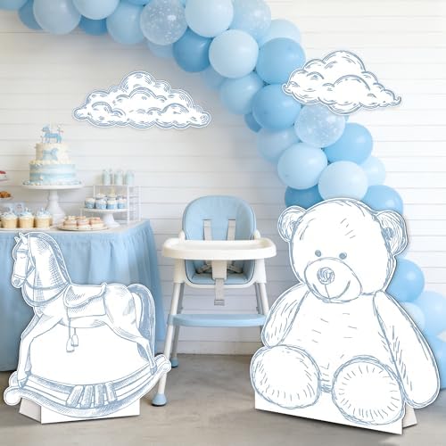 4PCS Blue Bear Baby Shower Decorations, We Can Bearly Wait Toile de Jouy Teddy Bear Cardboard Cutouts Standee Set, Blue Safari Baby Shower Party Supplies - Image 5