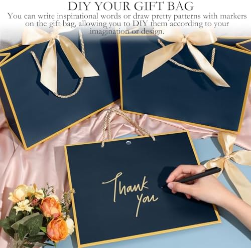 Silkfly 24 Pcs Paper Gift Bags with Handles & Bow Ribbon, Navy Blue, Gold - Image 4