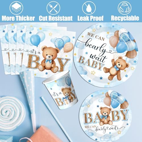 Blue Bear Baby Shower Decorations for Boy, All-in-1 Bear Party Decorations with Balloon Arch Kit Wood Grain Baby Boxes Plates Napkins Cake Toppers Tablecloth Backdrop Blue and Brown Baby Shower Decor - Image 2
