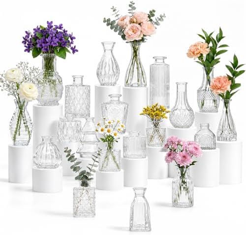 20 Pcs Clear Glass Bud Vases, Small Vintage Bud Vase Set for Flowers, Mini Glass Vases for Centerpieces, Wedding Decor, Baby Shower, Table Decorations, Home Decor, 3.1"-5.1" by YINGERHUAN