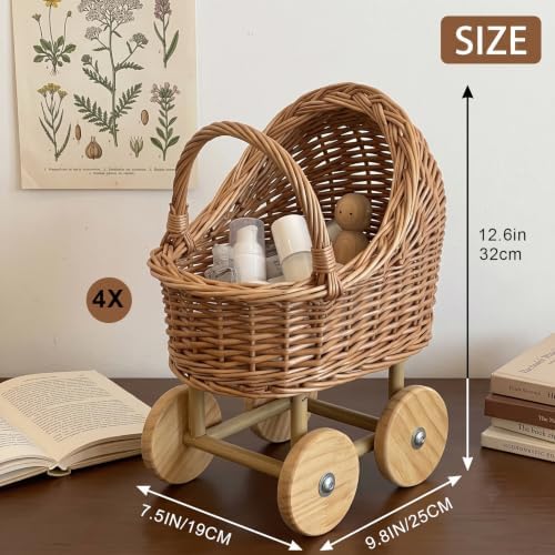 4-Piece Set Wicker Stroller for Baby Shower, Vintage Baby Carriage Planter for Floral Arrangements, Wicker Baby Carriage Decor Centerpieces for Tables, Rustic Rattan Baby Carriage Basket - Image 2