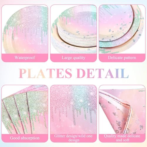 Funnymoom 452 Pcs Iridescent Diamond Birthday Party Decorations for 50 Guests, Glitter Pastel Rainbow Paper Plates and Napkins Cups Tablecloth Cutlery Straws for Women Birthday Baby Shower Supplies - Image 2