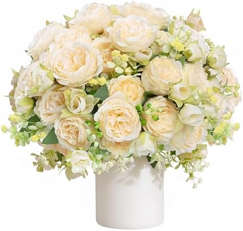 Peonies Artificial Flowers Bouquet, Lifelike Silk Fake Peonies with Stems for Home Table Centerpieces, Wedding, Party & DIY Bridal Floral Arrangements (12, Champagne) by Unknown