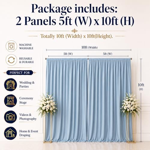 10ftx10ft Dusty Blue Backdrop Curtain for Wedding Parties, Wrinkle Free Silky Polyester 2 Panels Draping Fabric Photo Backdrop Drapery Back Drop Cloth for Birthday Photography Background Photoshoot - Image 6